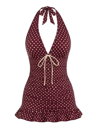 [Pre-Sale] Wine Red 1940s Bow Polka Dot Halter Ruched Swimdress