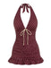 Wine Red 1940s Bow Polka Dot Halter Ruched Swimdress, vintage dress, retro fashion, women, elegant