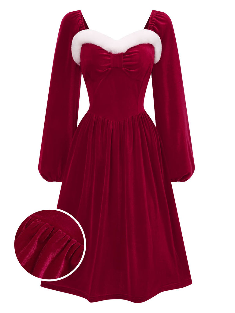 Wine Red 1940s Christmas Fur Collar Solid Dress, vintage dress, retro fashion - perfect for women who love vintage and retro fashion