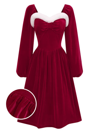 Wine Red 1940s Christmas Fur Collar Solid Dress, vintage dress, retro fashion - perfect for women who love vintage and retro fashion