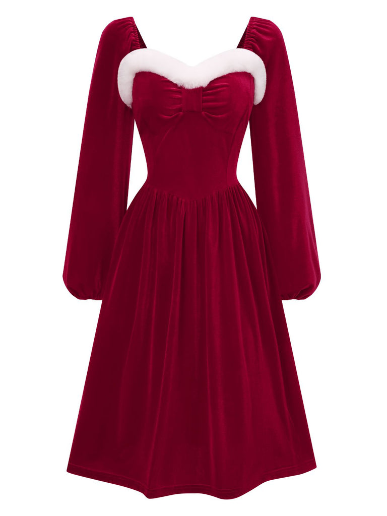 Wine Red 1940s Christmas Fur Collar Solid Dress, vintage dress, retro fashion - perfect for women who love vintage and retro fashion