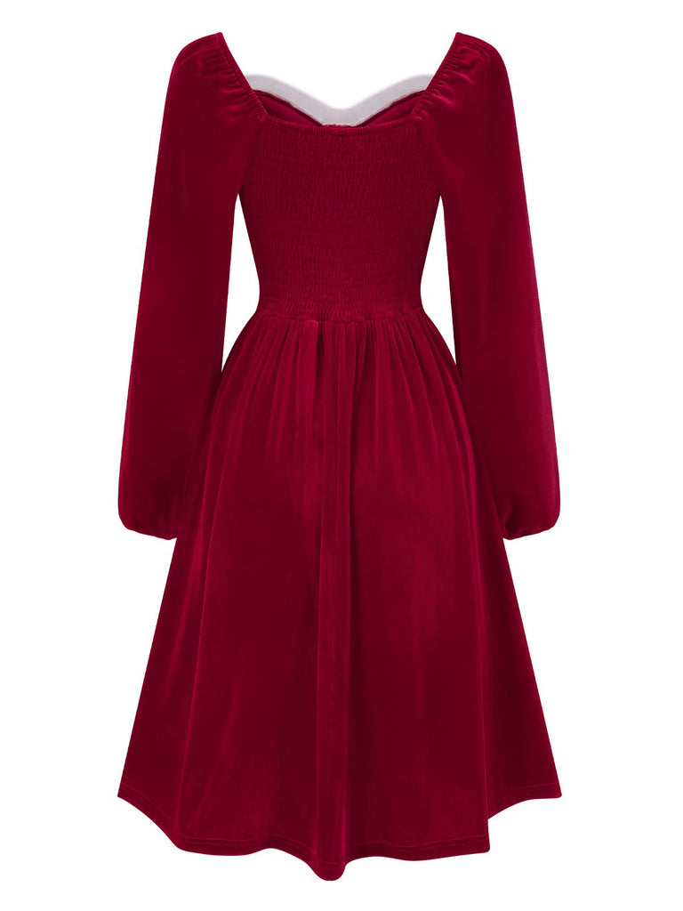 Wine Red 1940s Christmas Fur Collar Solid Dress, vintage dress, retro fashion - perfect for women who love vintage and retro fashion
