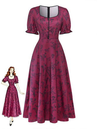 Wine Red 1940s Floral Print Square Neck Maxi Dress, vintage dress, retro fashion, floral print - perfect for women who love vintage and retro fashion