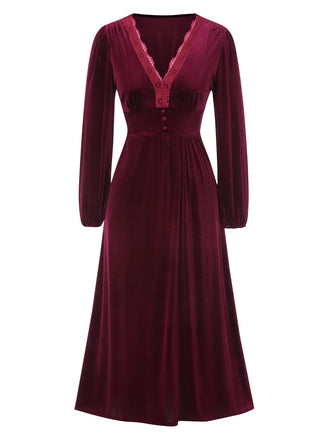 Wine Red 1940s Lace Trim Velvet Dress, vintage dress, retro fashion, lace detail - perfect for women who love vintage and retro fashion