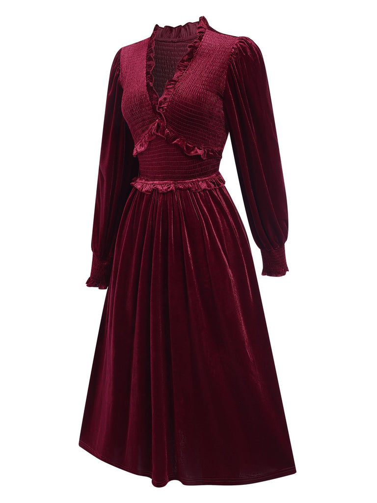 Wine Red 1940s Long Sleeves Velvet Ruched Dress, vintage dress, retro fashion - perfect for women who love vintage and retro fashion