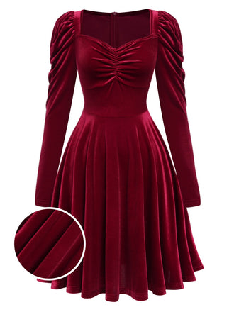 She slips into this Wine Red 1940s Solid Velvet Puff Dress and suddenly it's a 1940s daydream