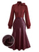 Wine Red 1940s Tie Neck Leather Patchwork Dress - vintage dress, retro fashion, elegant red