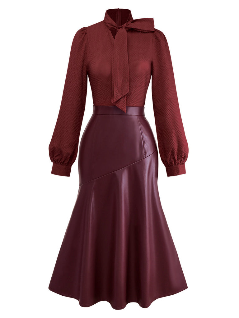 Wine Red 1940s Tie Neck Leather Patchwork Dress - vintage dress, retro fashion, elegant red
