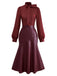 Wine Red 1940s Tie Neck Leather Patchwork Dress - vintage dress, retro fashion, elegant red