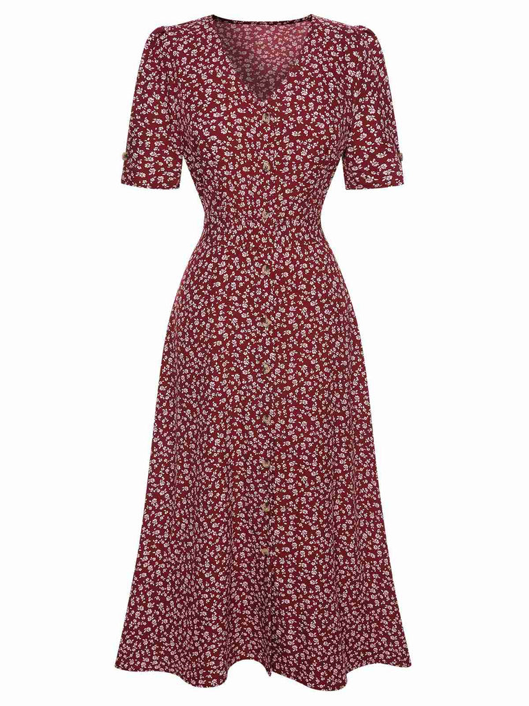 Retro Stage V Neck Ditsy Floral Printed Short Sleeve Midi A-Line Dress | Wine Red Retro Stage V Neck Ditsy Floral Printed Short Sleeve Midi A-Line Dress | Wine Red
