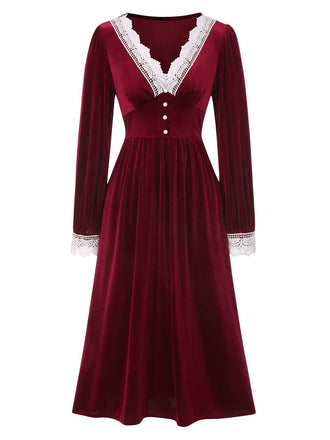 She slips into this Wine Red 1940s V-Neck Velvet Lace Dress and suddenly it's a 1940s daydream