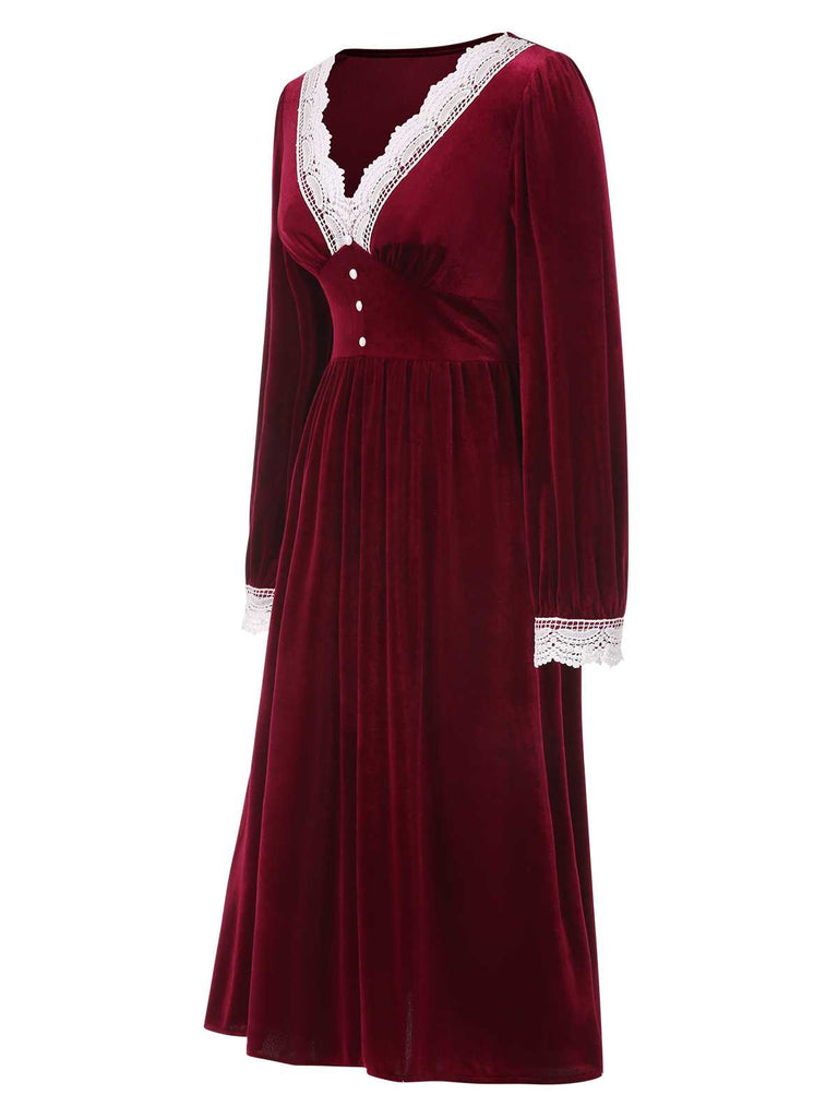 Wine Red 1940s V-Neck Velvet Lace Dress: where 1940s romance meets her modern spirit