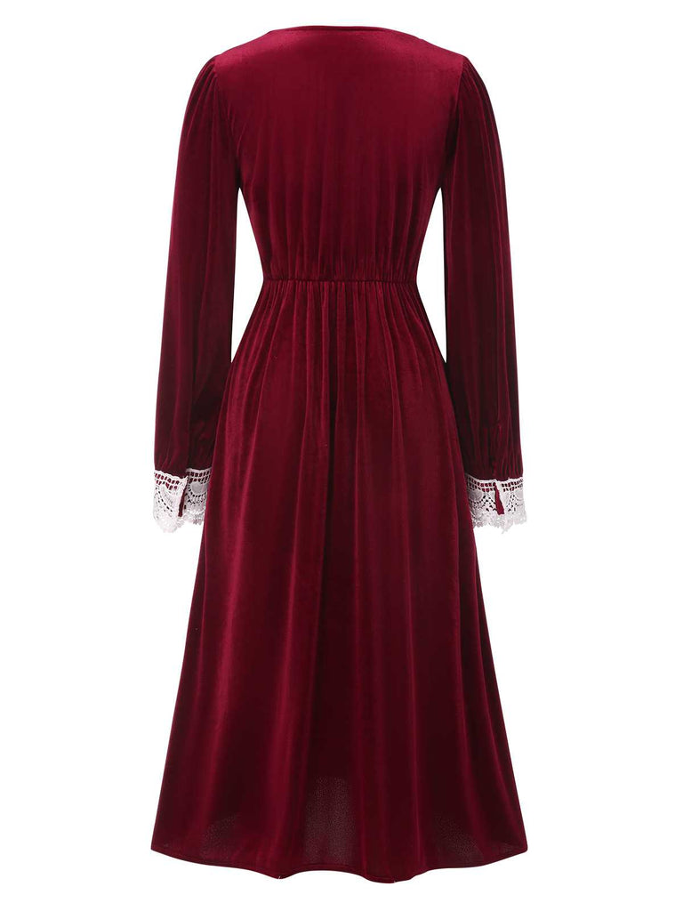 This Wine Red 1940s V-Neck Velvet Lace Dress wraps her in 1940s elegance, one twirl at a time