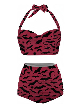 She's wearing Wine Red 1950s Bat Print Lace-Up Halter Swimsuit and the whole beach remembers the 1950s