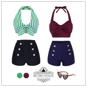 She's wearing Wine Red 1950s Bow Halter Bikini Set and the whole beach remembers the 1950s