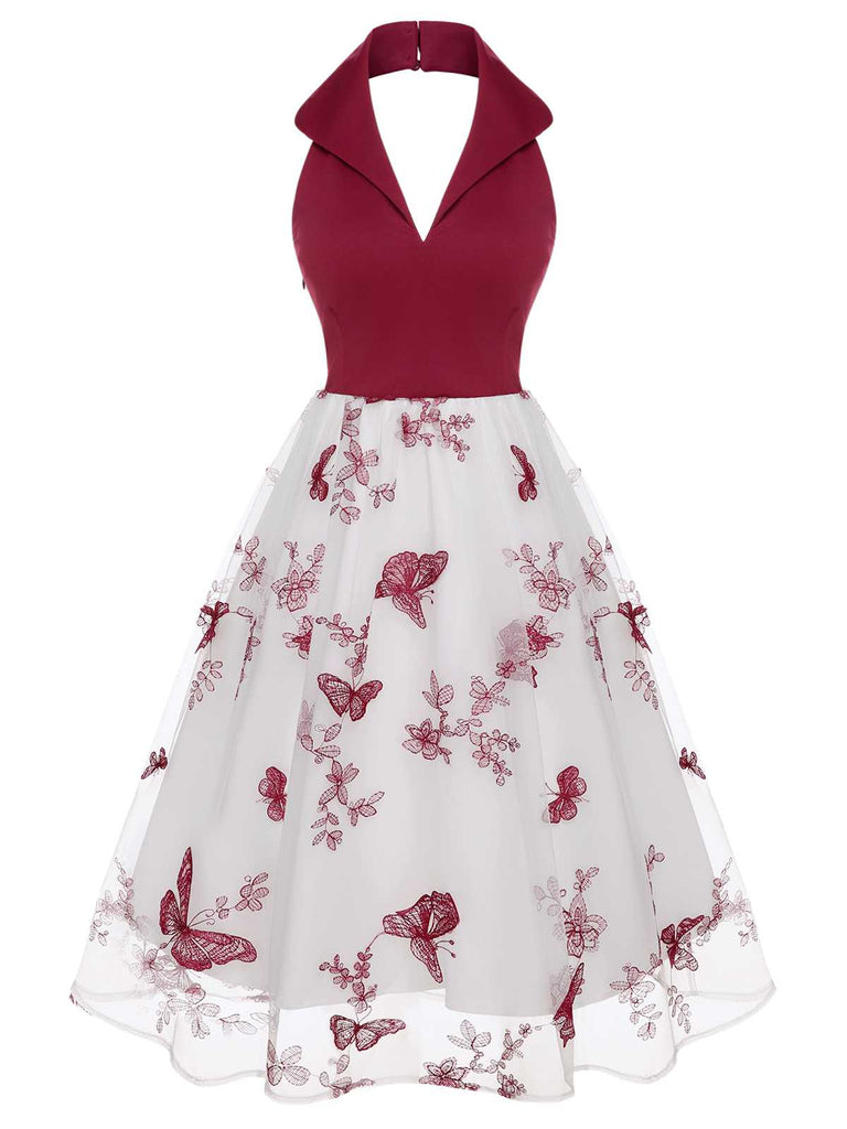 Wine Red 1950s Butterfly Lapel Mesh Dress — vintage elegance for the modern woman