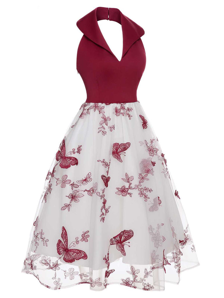Wine Red 1950s Butterfly Lapel Mesh Dress: timeless style reimagined