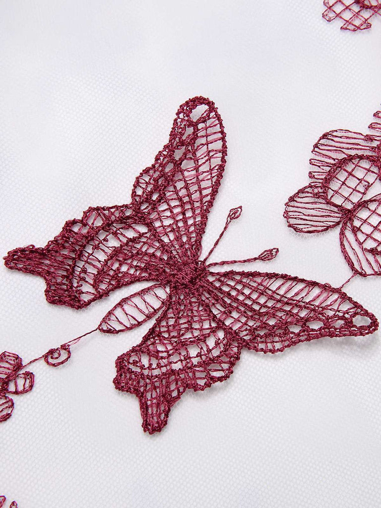 Wine Red 1950s Butterfly Lapel Mesh Dress: timeless style reimagined