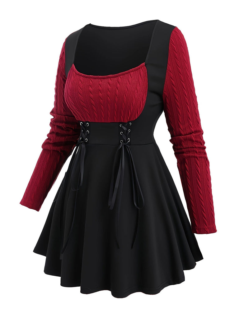 Wine Red 1950s Colorblock Knit Patchwork Dress - vintage dress, retro fashion, rockabilly