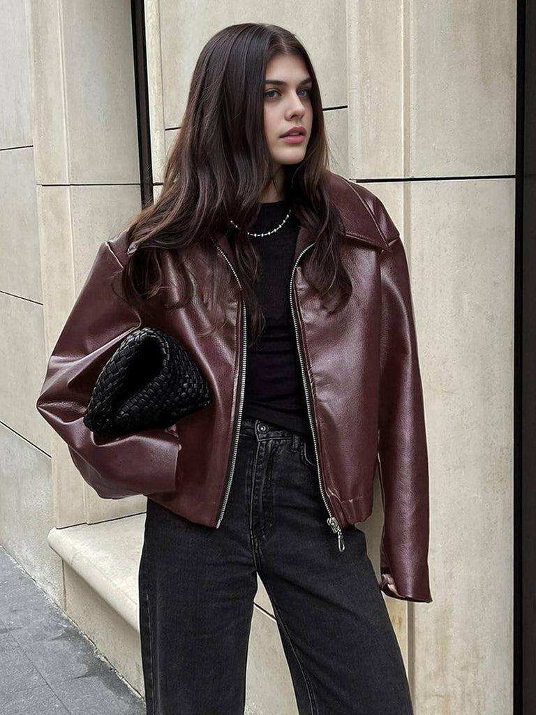 Wine Red 1950s Imitation Leather Zipper Coat - vintage fashion, retro style, elegant red