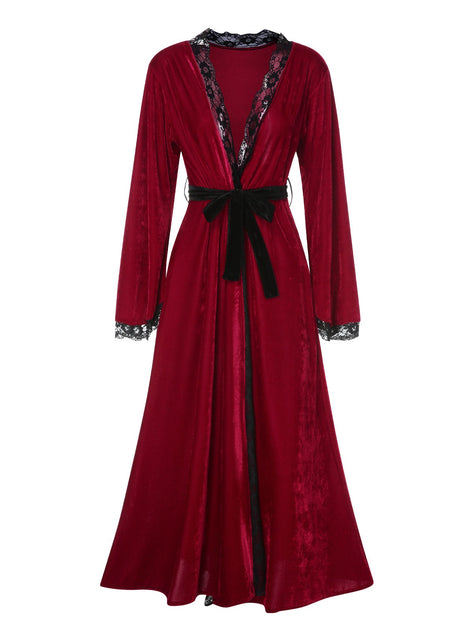 Clockwork Robe Wine Red 1950s Lace Patchwork Night Robe | Retro Stage