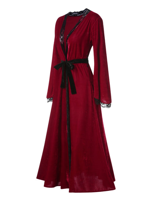 Wine Red 1950s Lace Patchwork Night Robe | Retro Stage