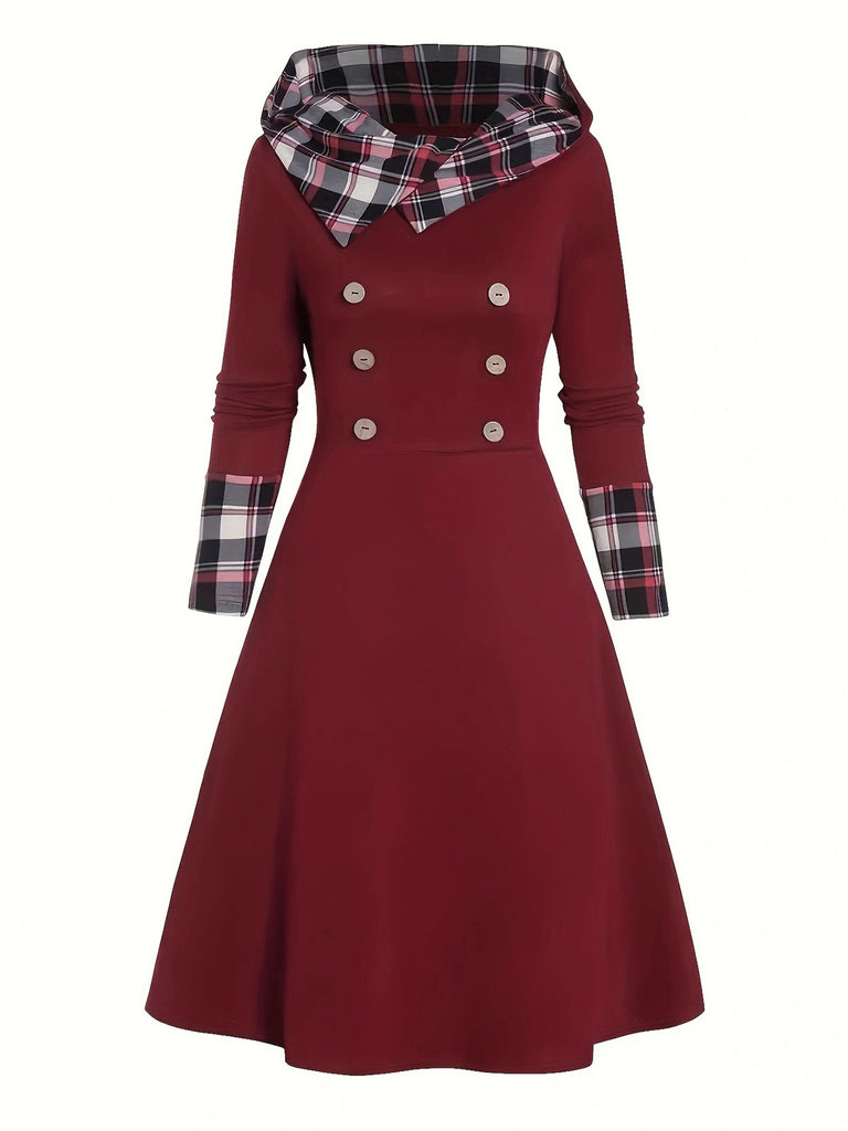 She slips into this Wine Red 1950s Plaid Patchwork Hooded Dress and suddenly it's a 1950s daydream