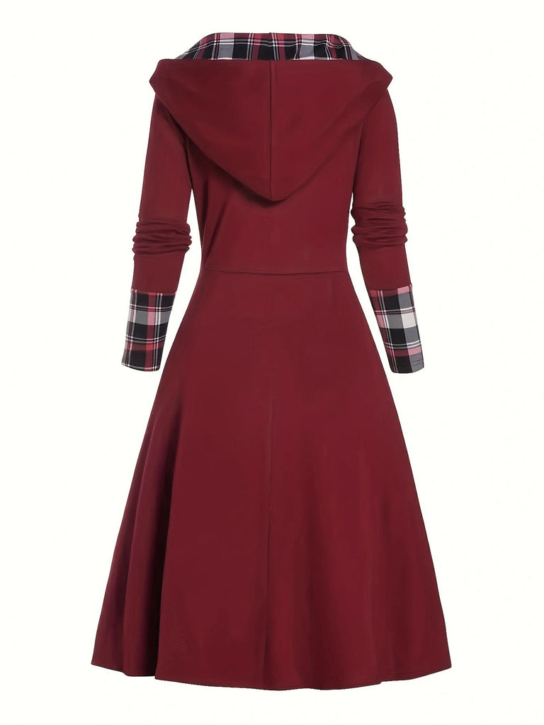 Wine Red 1950s Plaid Patchwork Hooded Dress, vintage dress, retro fashion, rockabilly, pin-up fashion - perfect for women who love vintage and retro fashion