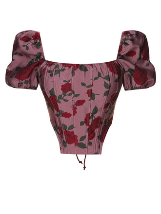 Wine Red 1950s Rose Puff Sleeves Top, vintage top, retro blouse - perfect for women who love vintage and retro fashion