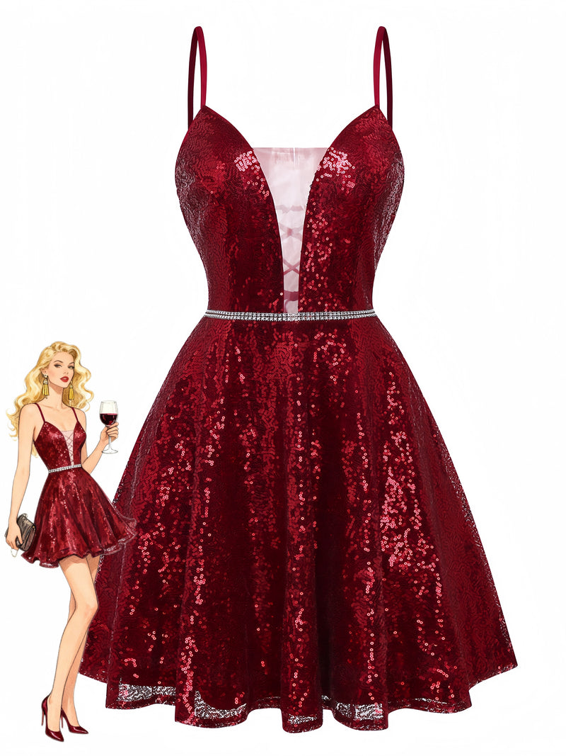 wine red mini dresses A-Line Burgundy Sequin Vintage Cocktail Dress