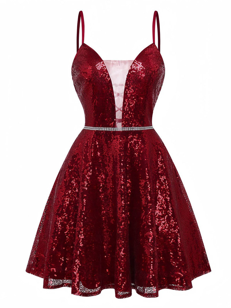 A-Line Burgundy Sequin Vintage Cocktail Dress