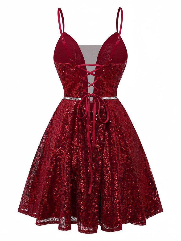 knee length dresses for ladies Wine Red 1950s Sequin Deep-V Mesh Dress