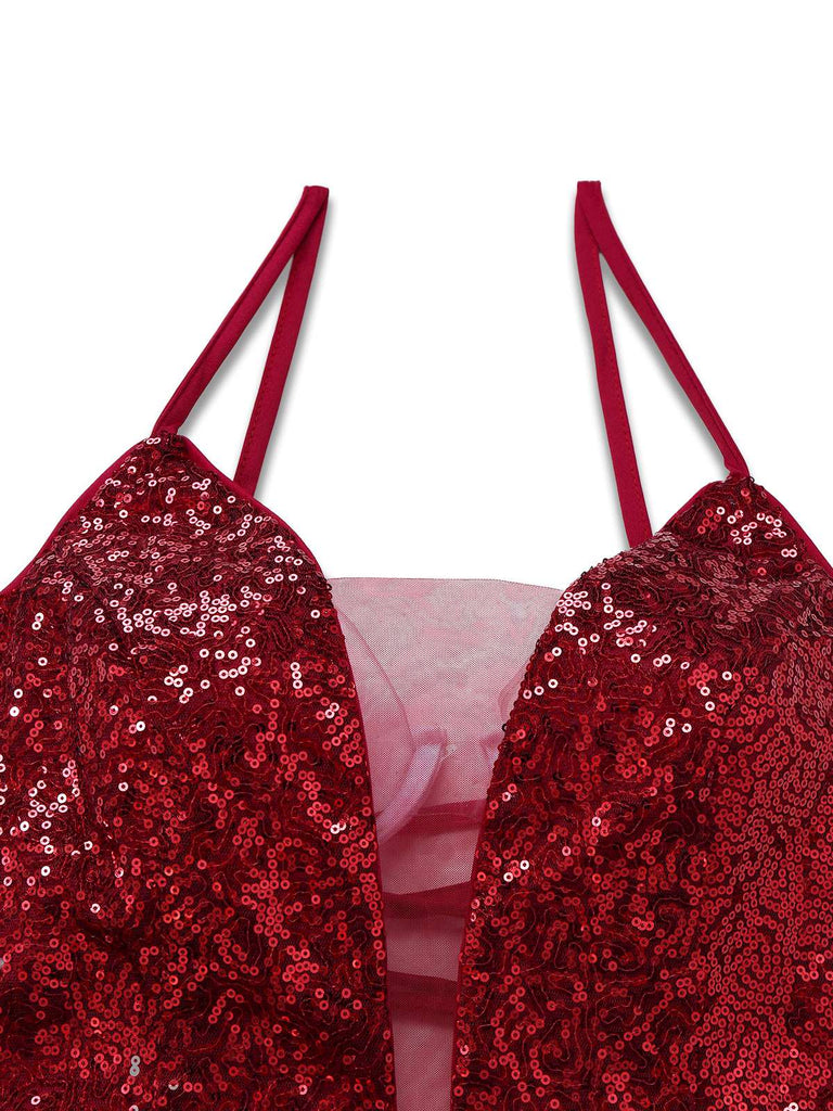 open lace back dress Wine Red 1950s Sequin Deep-V Mesh Dress