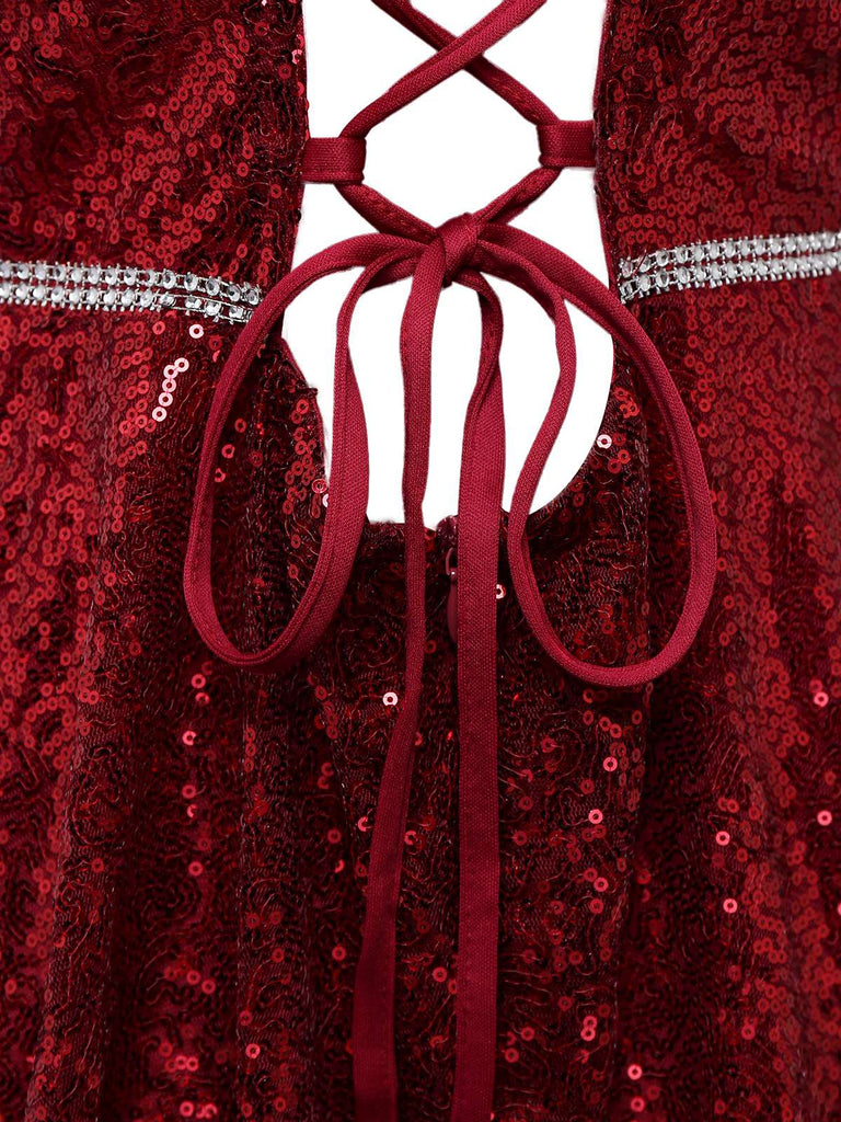 A-Line Burgundy Sequin Vintage Cocktail Dress | Deep V-Neck Cami Fit and Flare Dress with Rhinestone Belt A-Line Burgundy Sequin Vintage Cocktail Dress | Deep V-Neck Cami Fit and Flare Dress with Rhinestone Belt