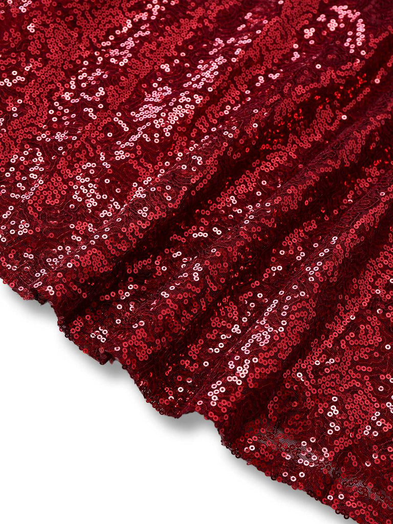 Wine Red 1950s Sequin Deep-V Mesh Dress | Retro Stage
