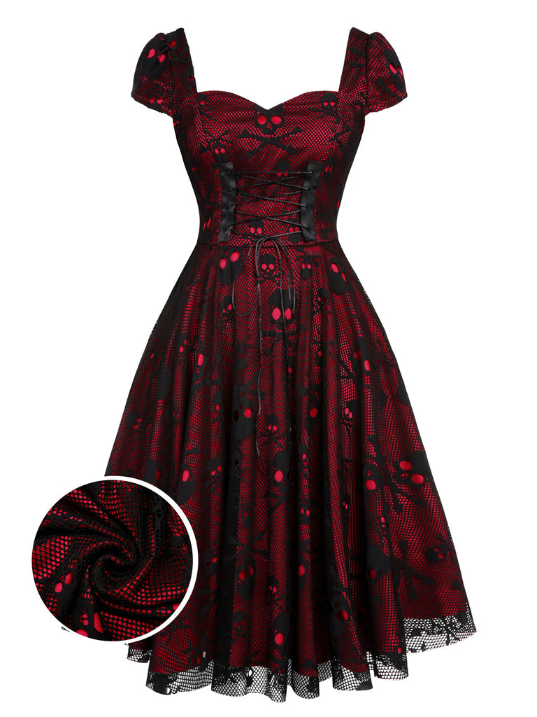 Wine Red 1950s Skull Mesh Swing Dress — vintage elegance for the modern woman