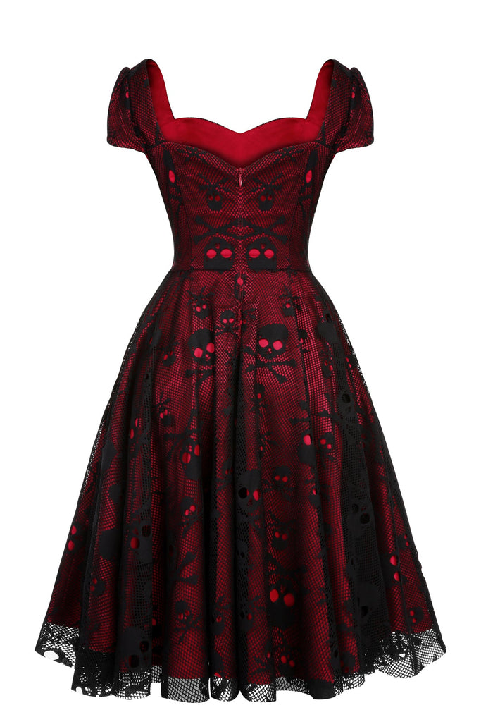 Wine Red 1950s Skull Mesh Swing Dress — vintage elegance for the modern woman