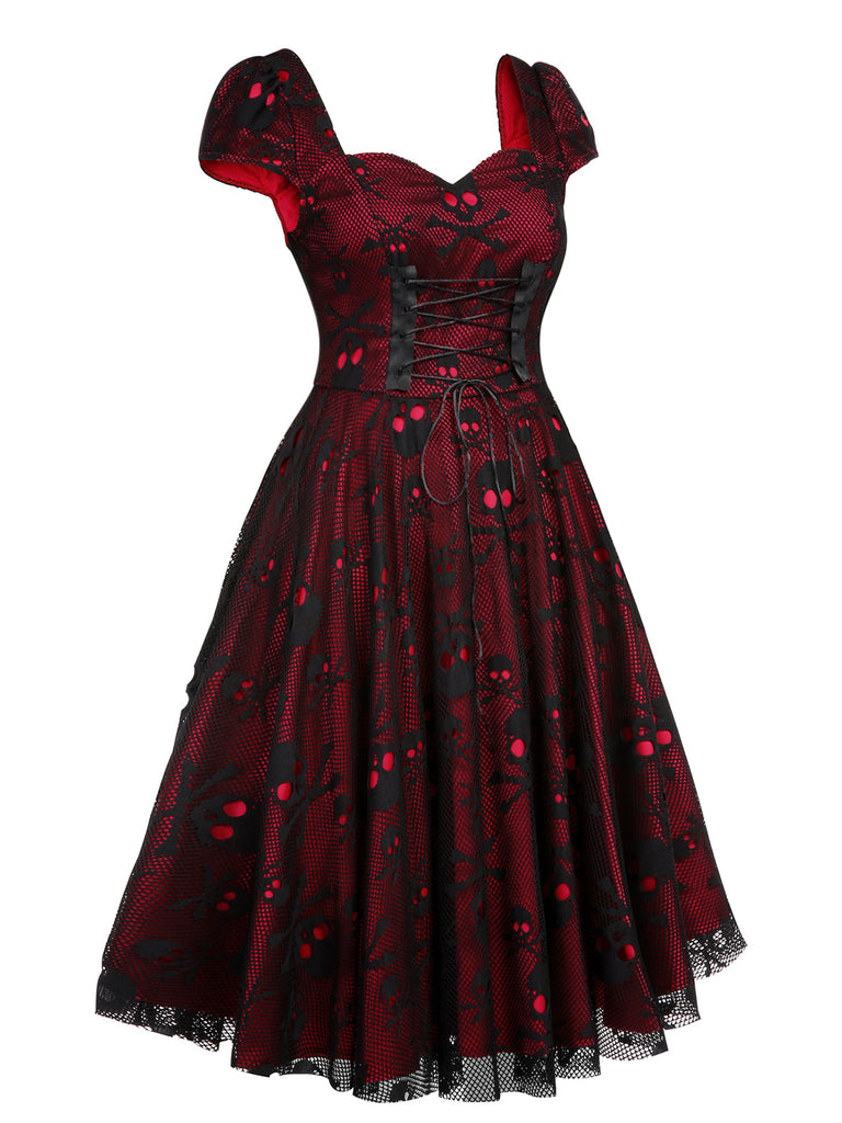 Wine Red 1950s Skull Mesh Swing Dress: timeless style reimagined