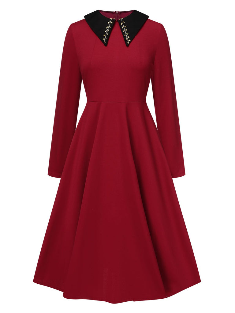 Wine Red 1950s Solid Rhinestone Lapel Dress, vintage dress, retro fashion, rockabilly, pin-up fashion - perfect for women who love vintage and retro fashion