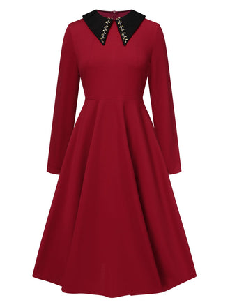 Wine Red 1950s Solid Rhinestone Lapel Dress, vintage dress, retro fashion, rockabilly, pin-up fashion - perfect for women who love vintage and retro fashion