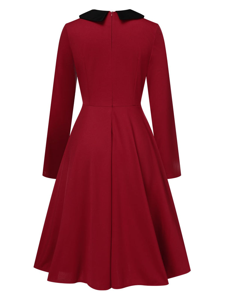 Wine Red 1950s Solid Rhinestone Lapel Dress, vintage dress, retro fashion, rockabilly, pin-up fashion - perfect for women who love vintage and retro fashion