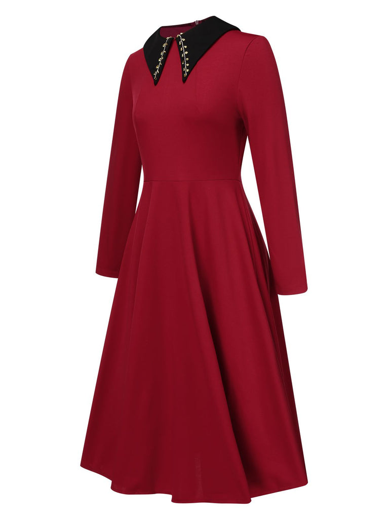Wine Red 1950s Solid Rhinestone Lapel Dress, vintage dress, retro fashion, rockabilly, pin-up fashion - perfect for women who love vintage and retro fashion