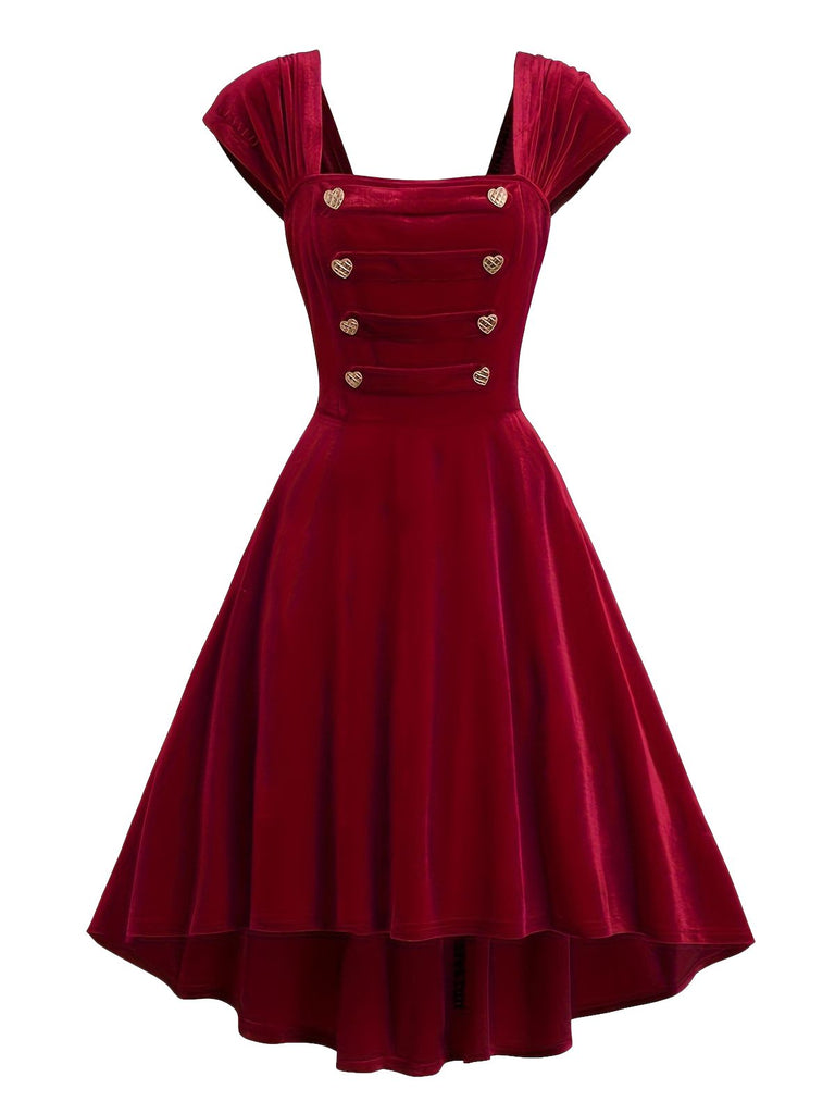 Wine Red 1950s Velvet Heart Button Solid Dress | Retro Stage Wine Red 1950s Velvet Heart Button Solid Dress | Retro Stage