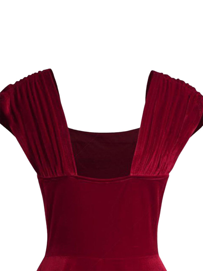 Wine Red 1950s Velvet Heart Button Solid Dress | Retro Stage Wine Red 1950s Velvet Heart Button Solid Dress | Retro Stage