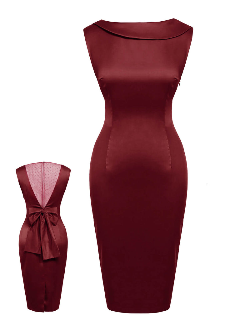 Retro Stage Back Bowknot Sleeveless Pencil Dress Holiday Cocktail Party Dress Wine Red