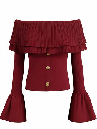 Wine Red 1960s Off-Shoulder Flare-Sleeve Knitted Top - vintage fashion, retro style, elegant red