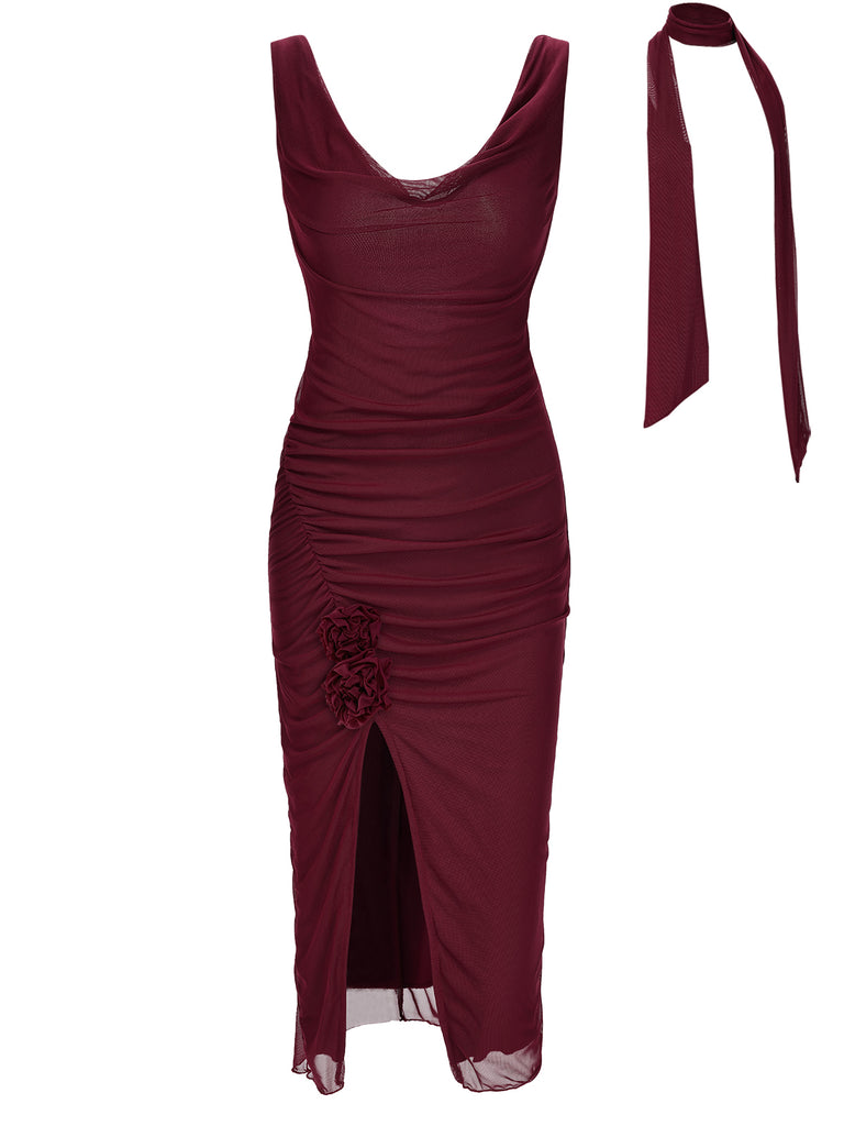 Wine Red 1960s Scarf Slit Backless Dress, vintage dress, retro fashion - perfect for women who love vintage and retro fashion