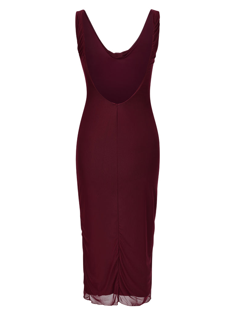 Wine Red 1960s Scarf Slit Backless Dress, vintage dress, retro fashion - perfect for women who love vintage and retro fashion