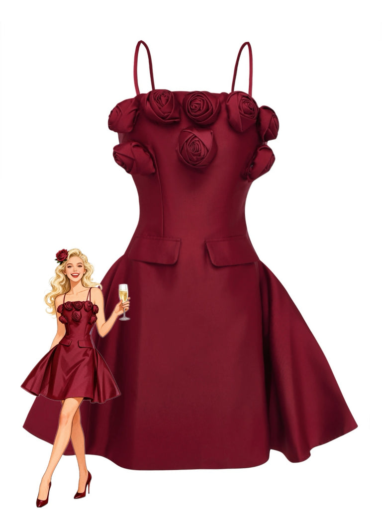 Wine Red 1960s Solid 3D Floral Short Dress - vintage dress, retro fashion, elegant red