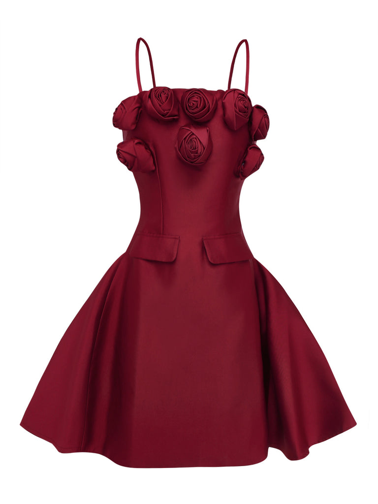 Wine Red 1960s Solid 3D Floral Short Dress - vintage dress, retro fashion, elegant red